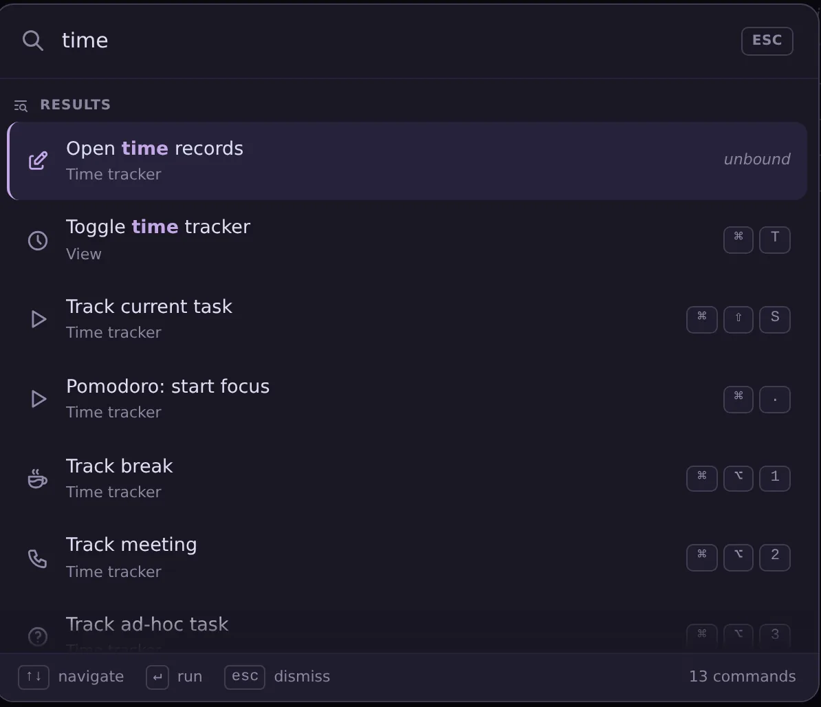 Command palette searching for time tracker commands with their shortcuts