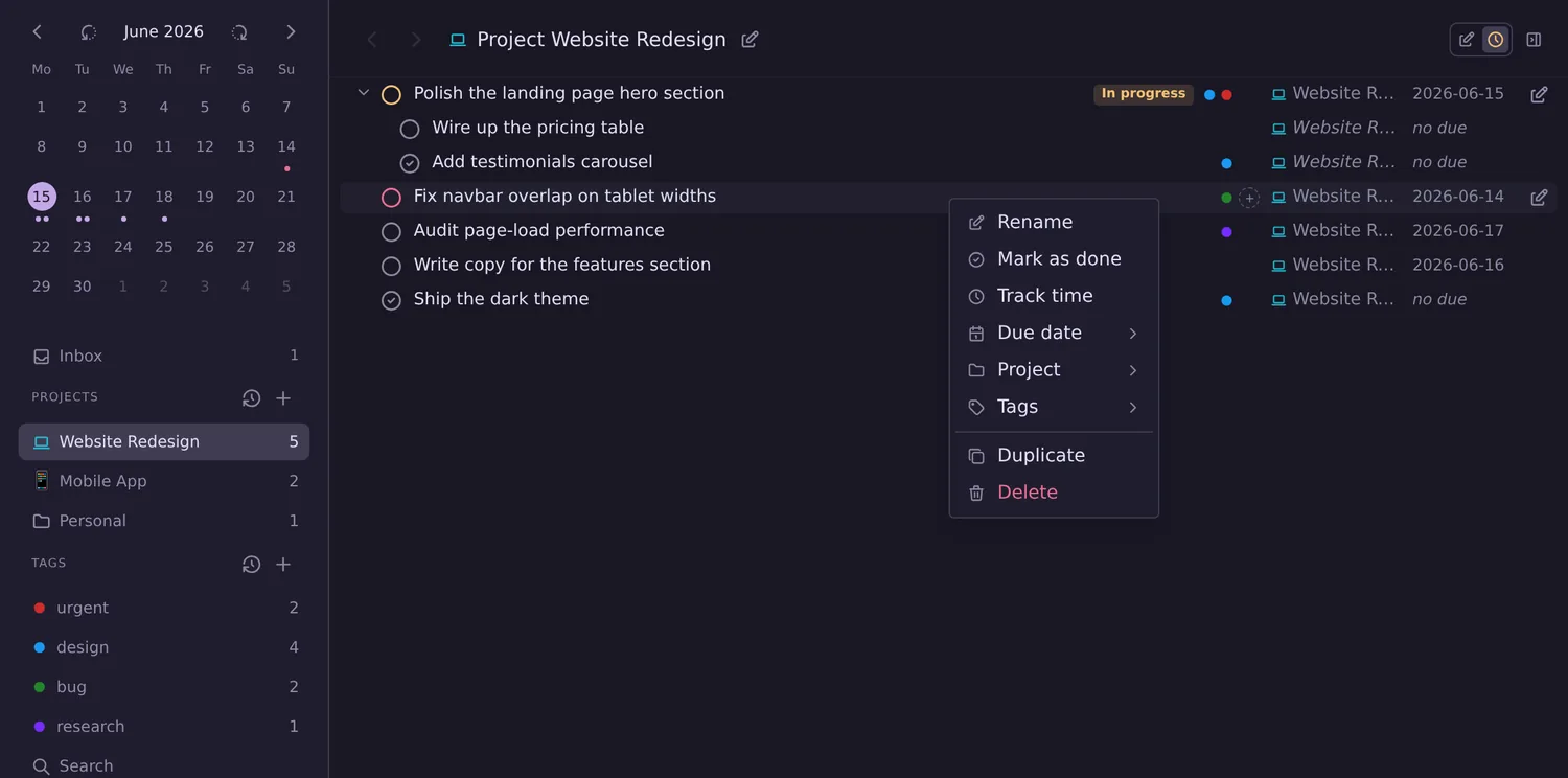 Task list with a context menu for setting project, tags and due date