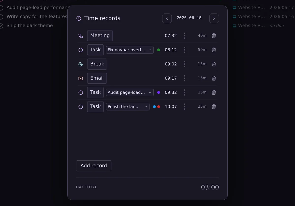 Time records for a single day with a running day total